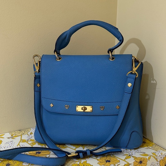 MCM Sky Blue Leather Authentic MCM Shoulder Bag MCM Crossbody MCM Handbag - Picture 1 of 16
